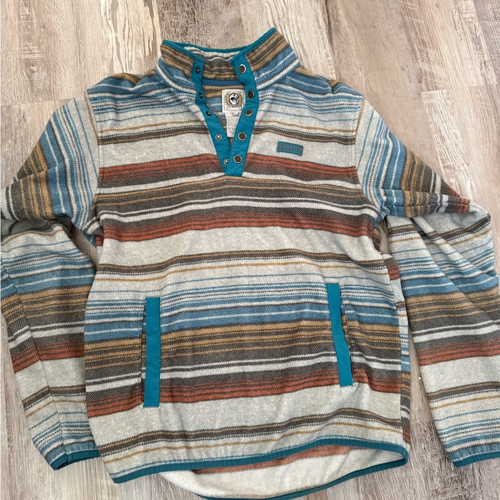 Cinch Blue and Brown Striped Crewneck Sweater
